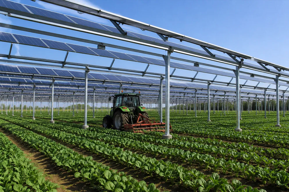 Impianto agrivoltaico avanzato con strutture elevate per passaggio mezzi agricoli