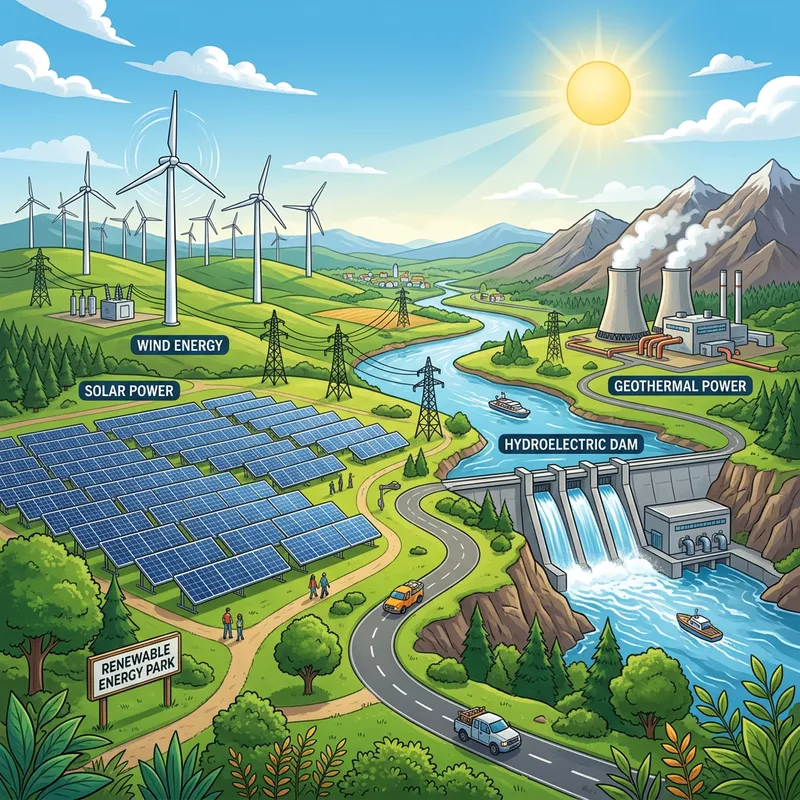 Panoramica delle diverse fonti di energia rinnovabile: eolico, idroelettrico e solare