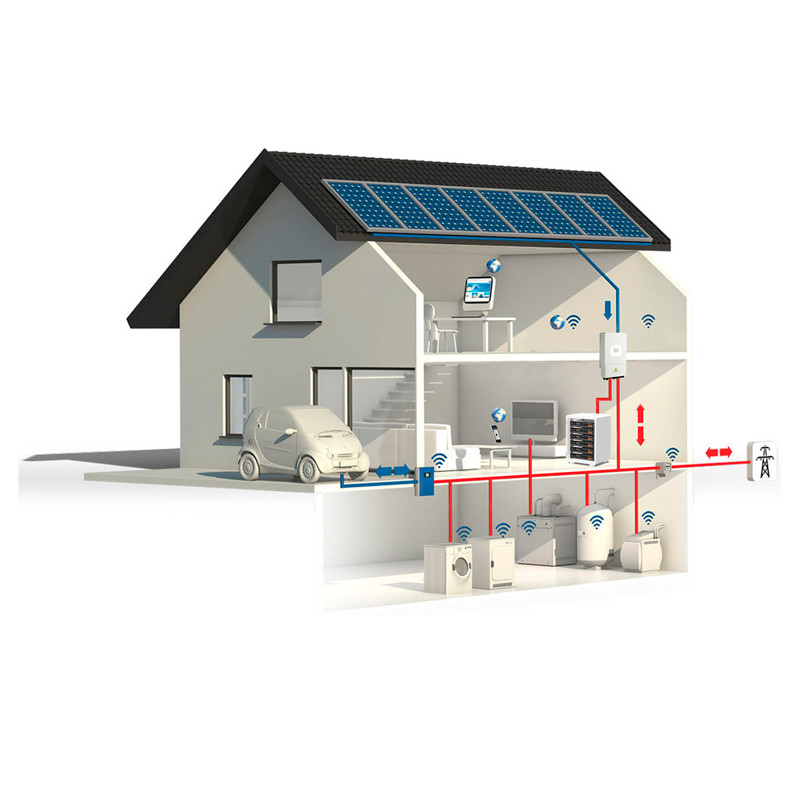 Panoramica dei componenti principali di un impianto fotovoltaico: moduli monocristallini e inverter con batteria