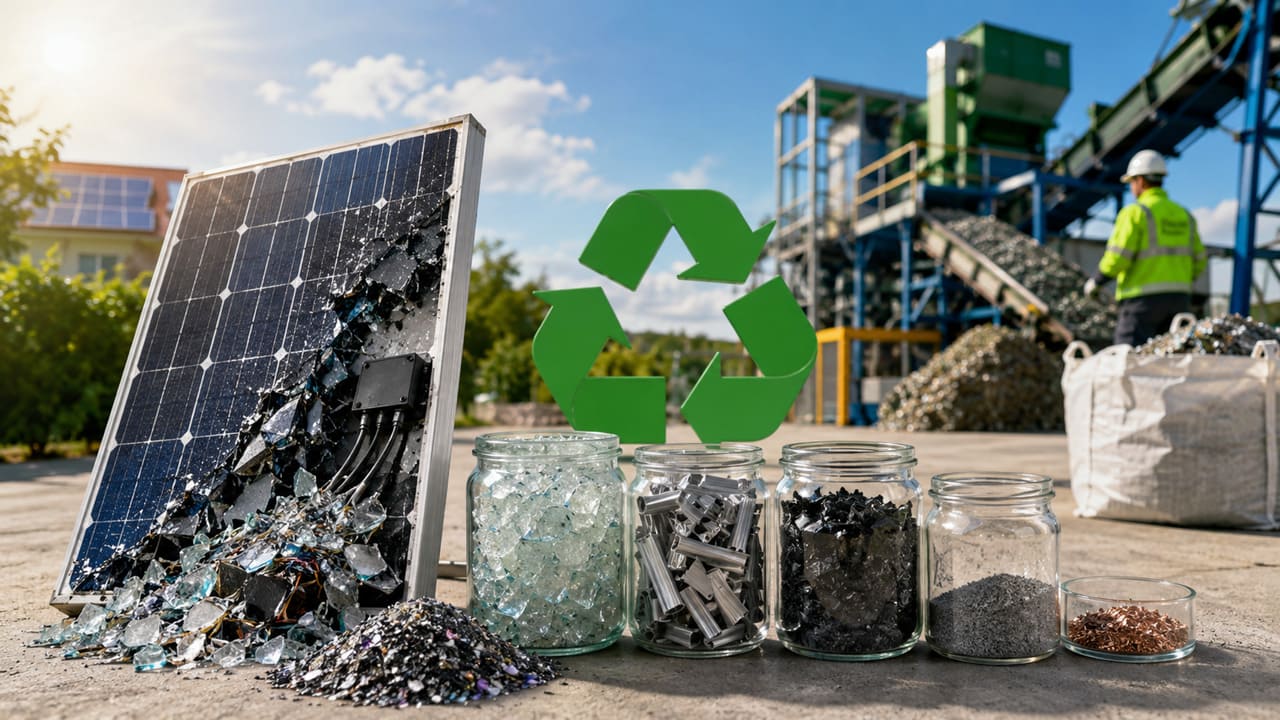 Schema delle fasi di riciclo e separazione dei materiali di un pannello fotovoltaico a silicio