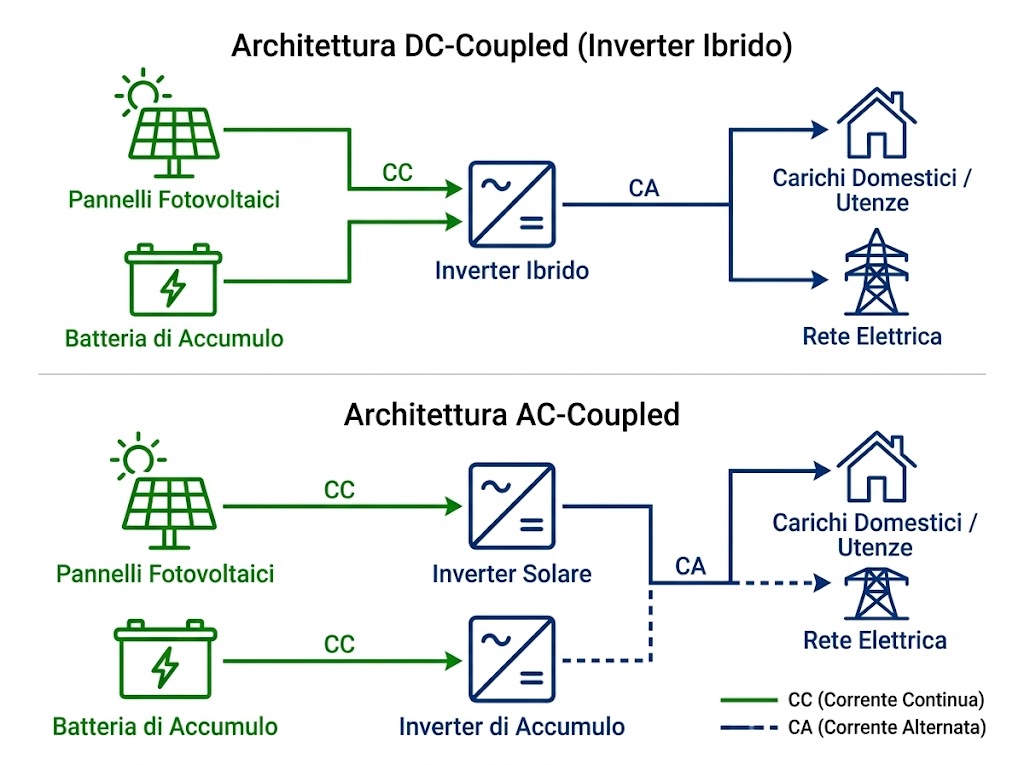 Schema elettrico di confronto tra architettura DC coupled e AC coupled