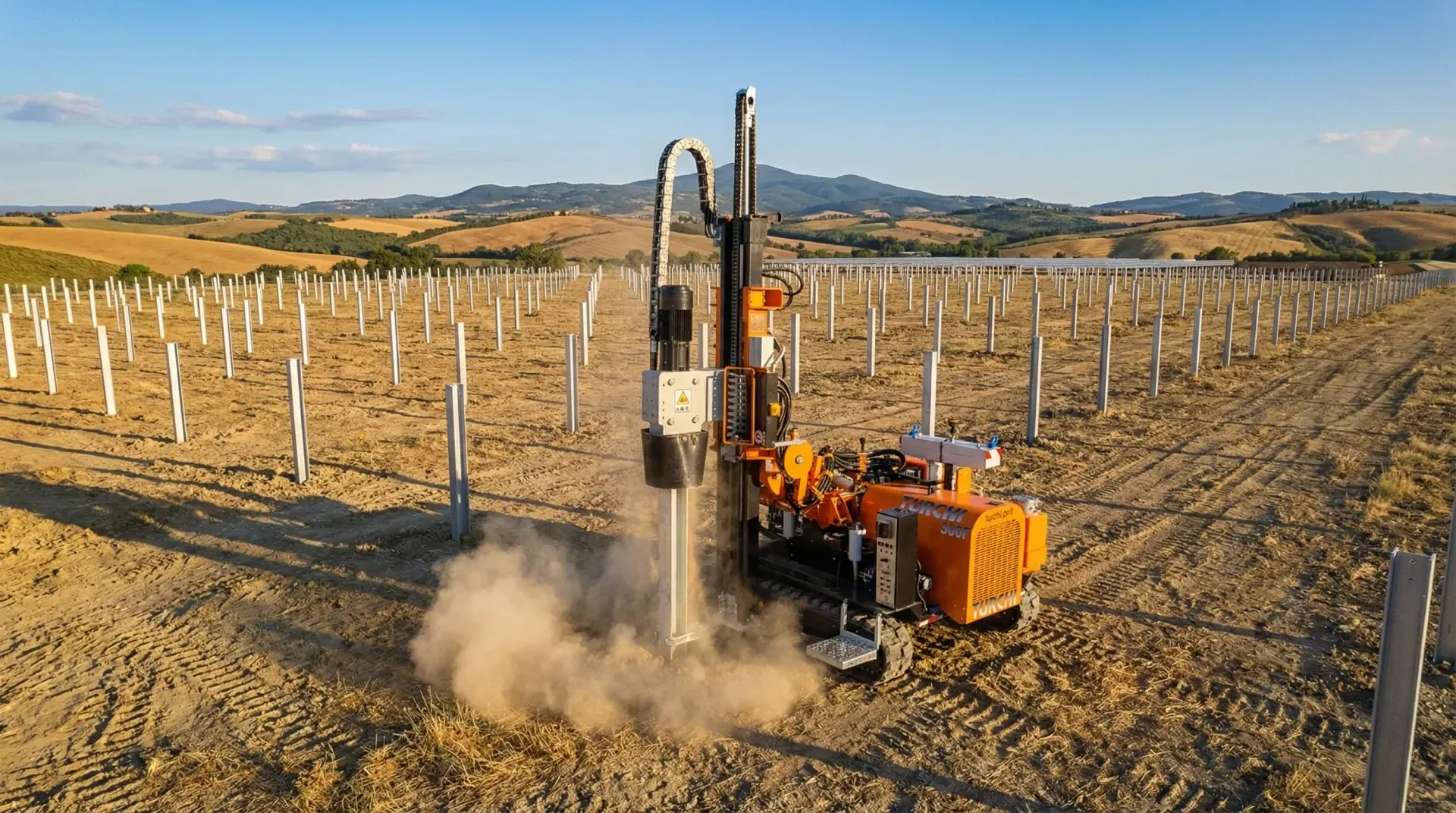 Operazioni di battitura e infissione pali per strutture fotovoltaiche a terra